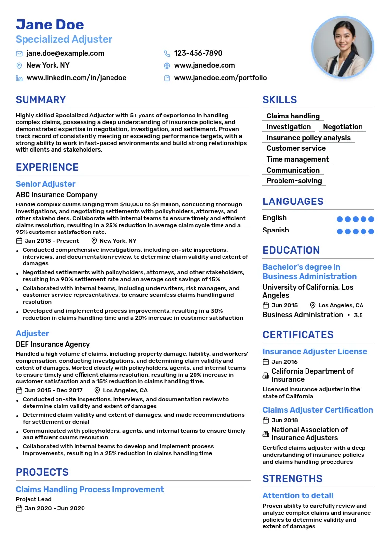 Specialized Adjuster  resume example
