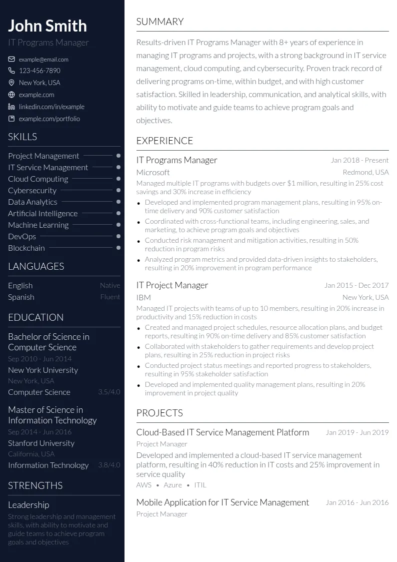 IT Programs Manager resume example