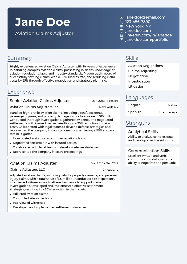 Aviation Claims Adjuster resume example