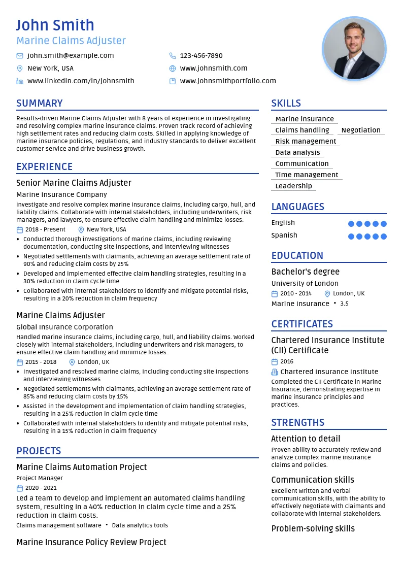 Marine Claims Adjuster resume example