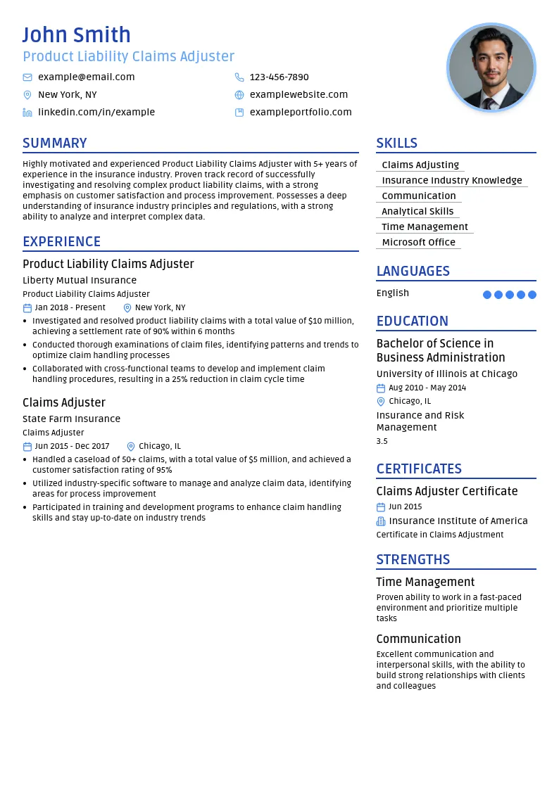 Product Liability Claims Adjuster  resume example