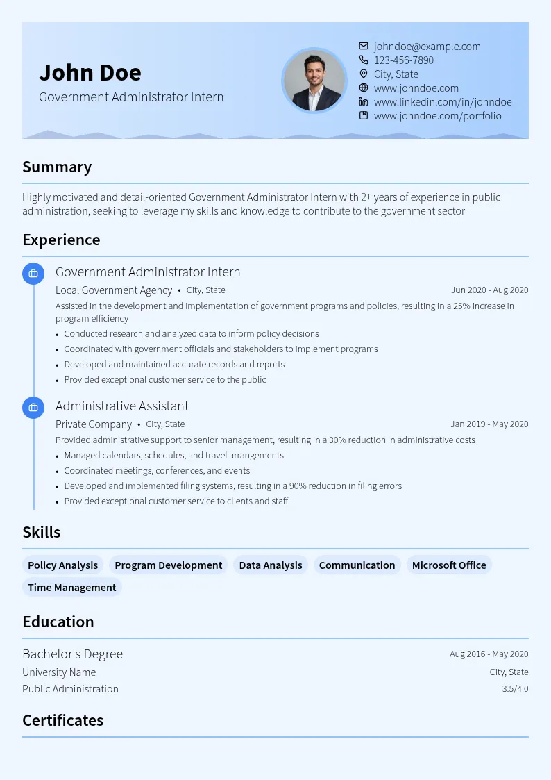 Government Administrator Intern resume example