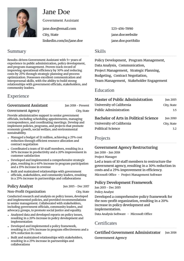 Government Assistant resume example