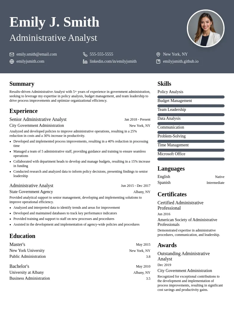 Administrative Analyst resume example