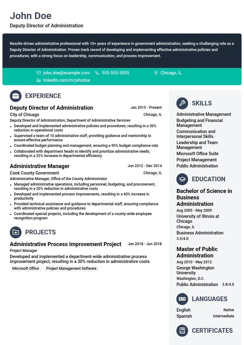 Deputy Director of Administration resume example