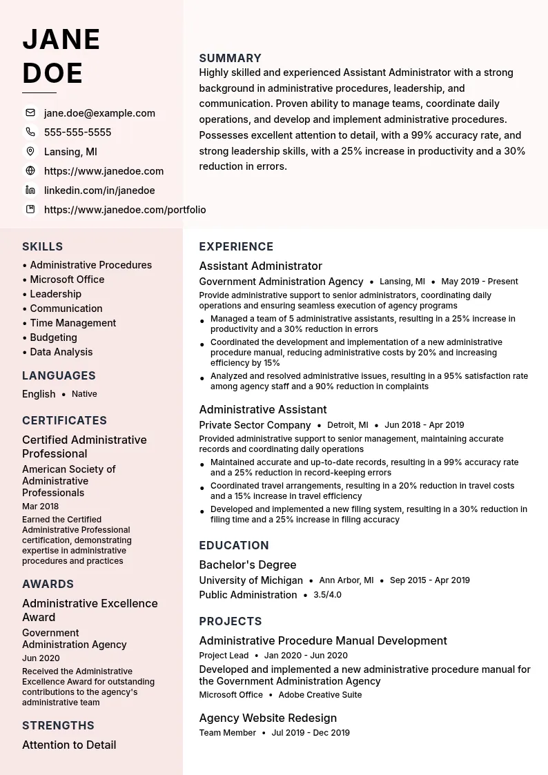 Assistant Administrator resume example