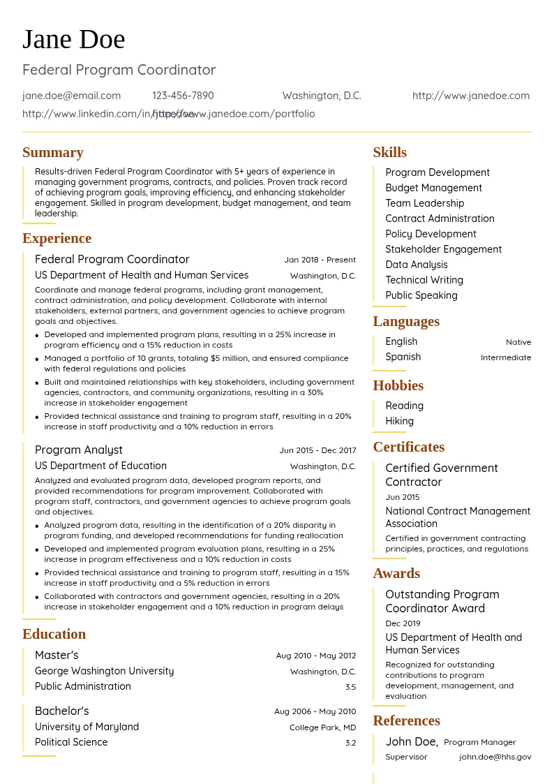 Federal Program Coordinator resume example