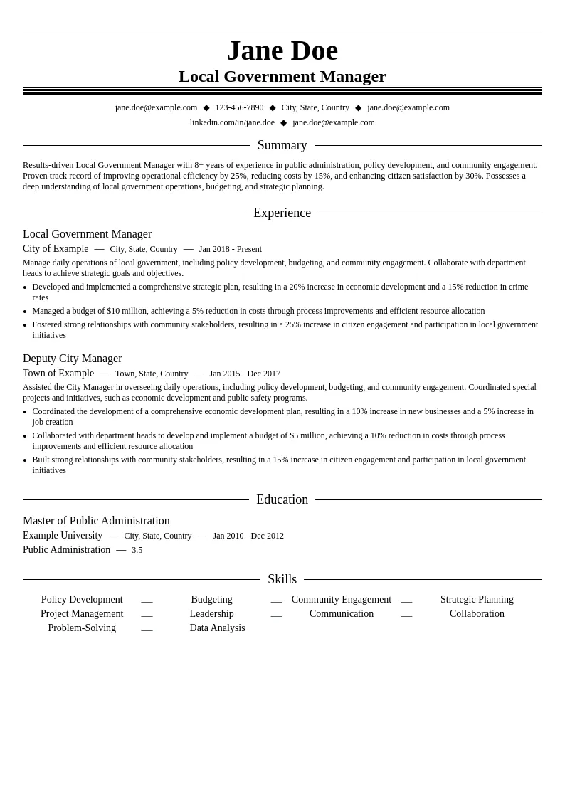 Local Government Manager resume example