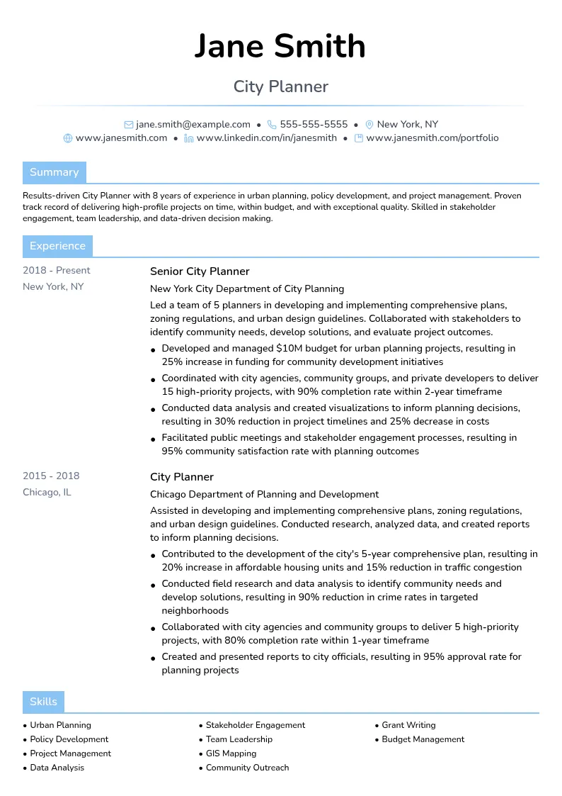 City Planner resume example