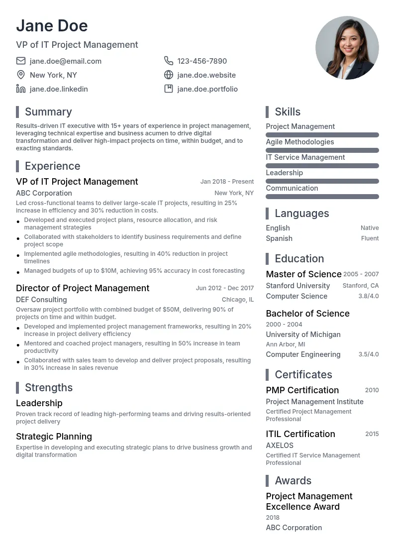 VP of IT Project Management resume example