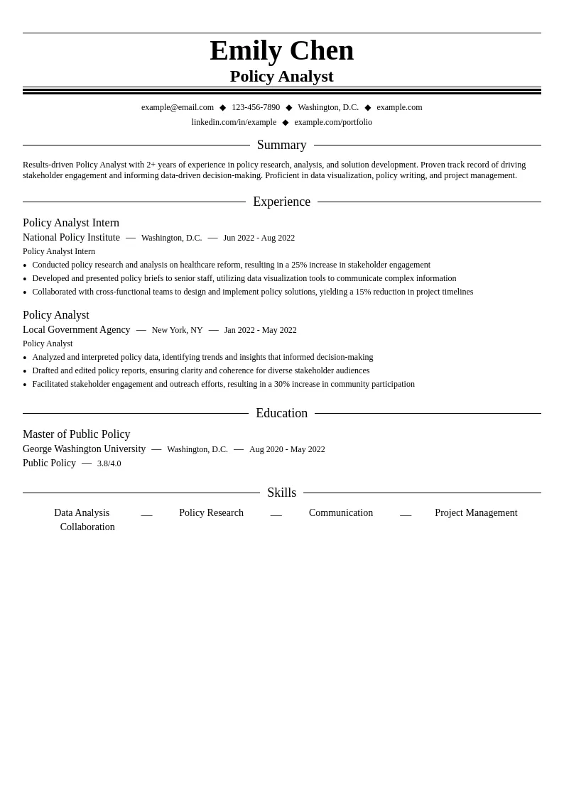 Policy Analyst Intern resume example