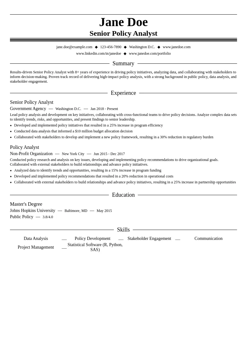 Senior Policy Analyst resume example