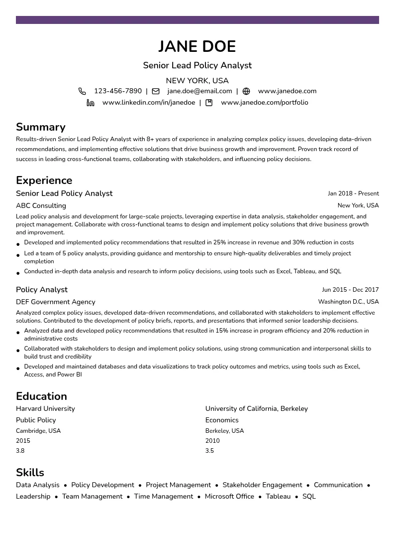 Senior Lead Policy Analyst resume example