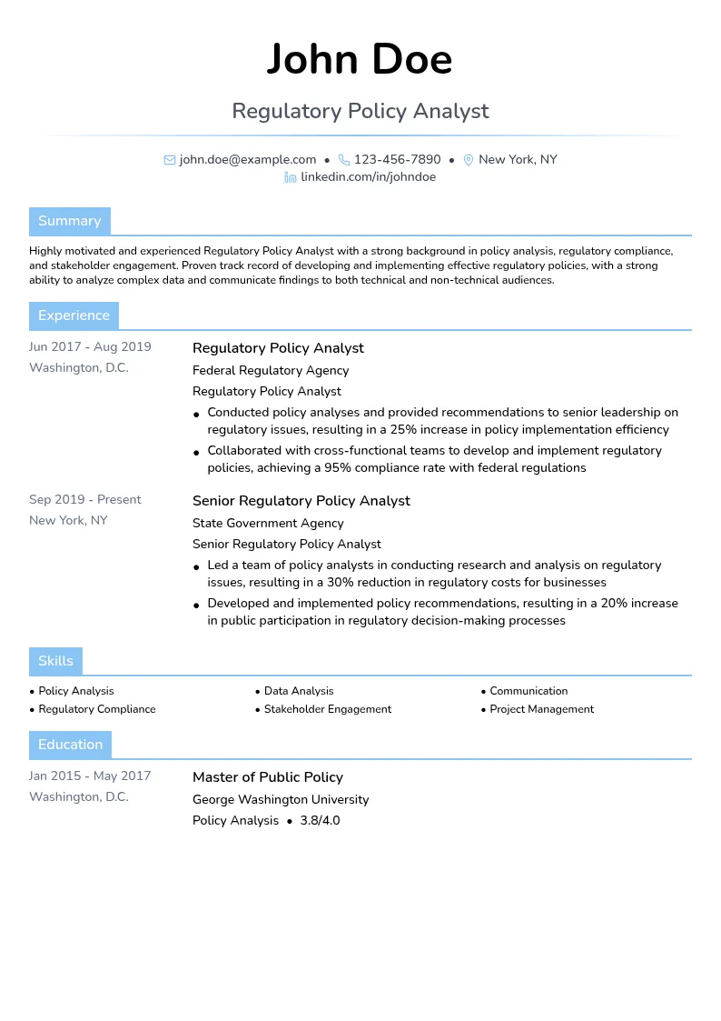 Regulatory Policy Analyst resume example