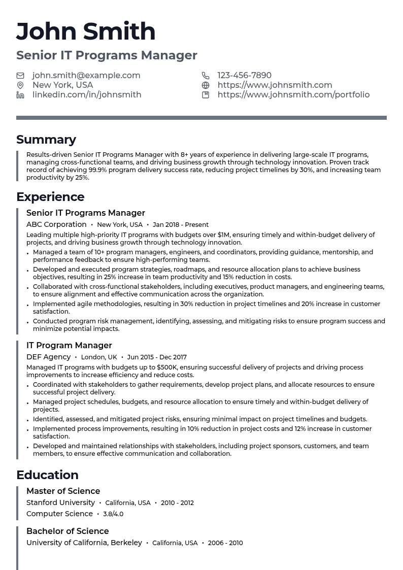 Senior IT Programs Manager resume example