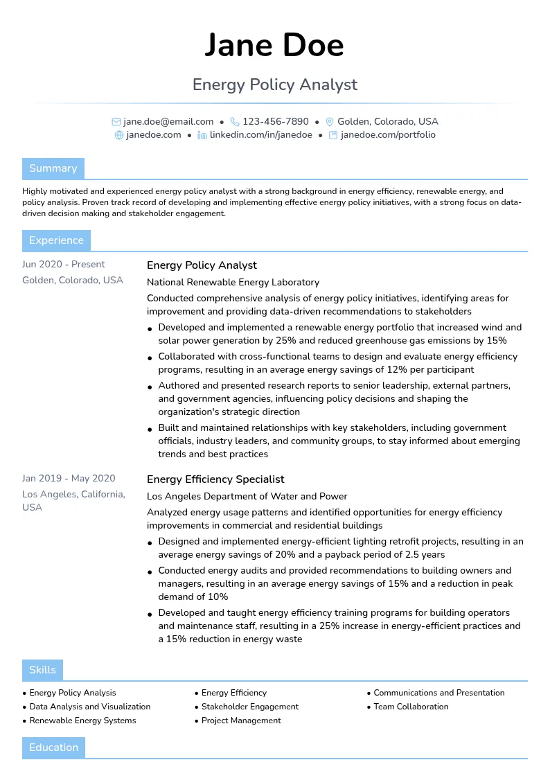 Energy Policy Analyst resume example