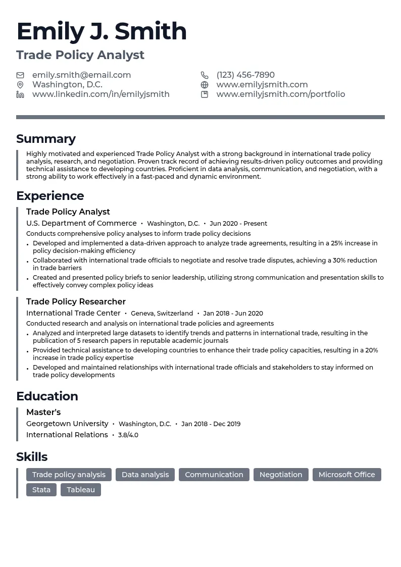 Trade Policy Analyst resume example