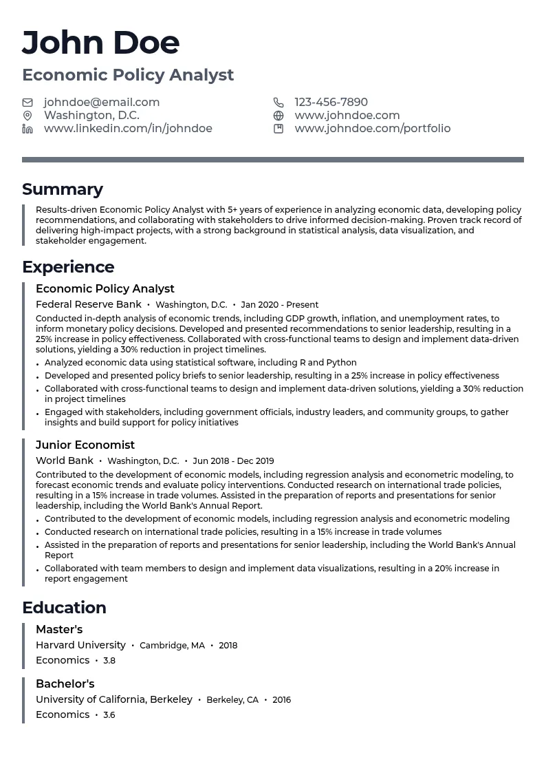 Economic Policy Analyst resume example