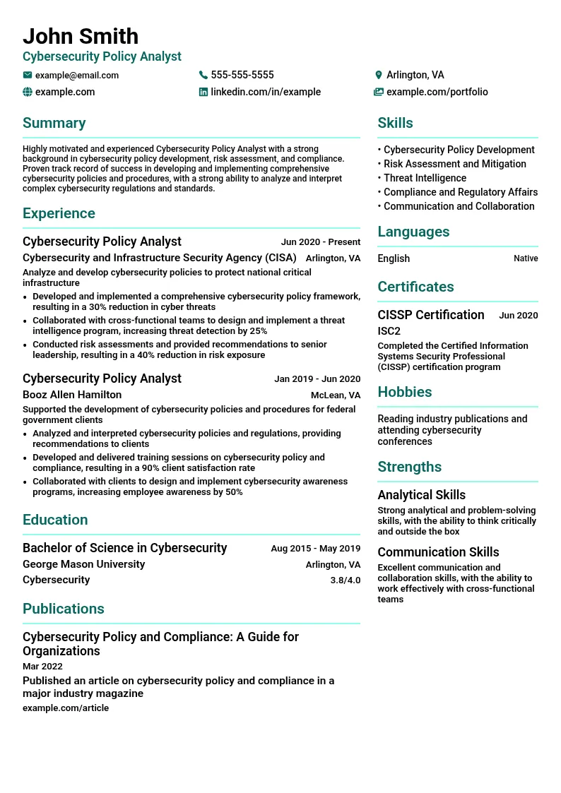 Cybersecurity Policy Analyst resume example