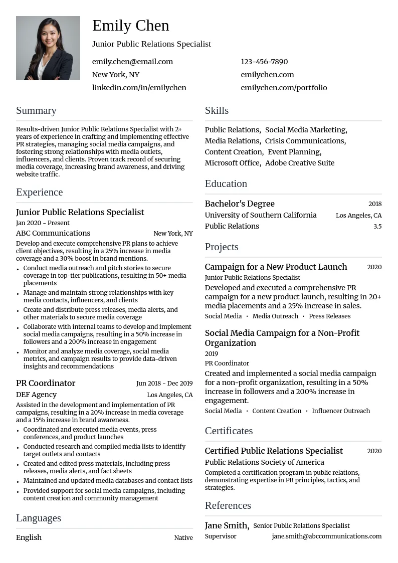Junior Public Relations Specialist resume example