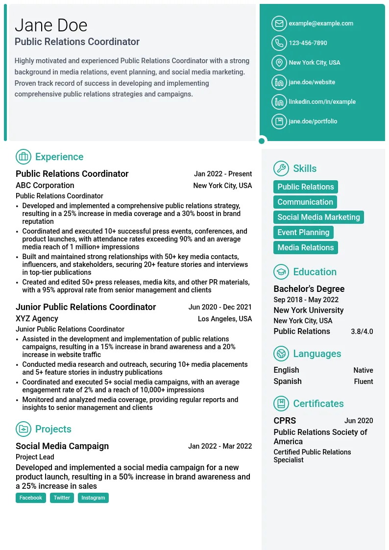 Public Relations Coordinator resume example
