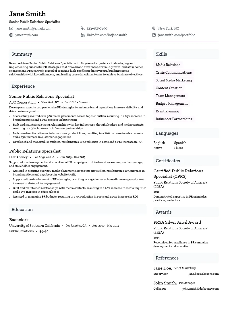 Senior Public Relations Specialist resume example