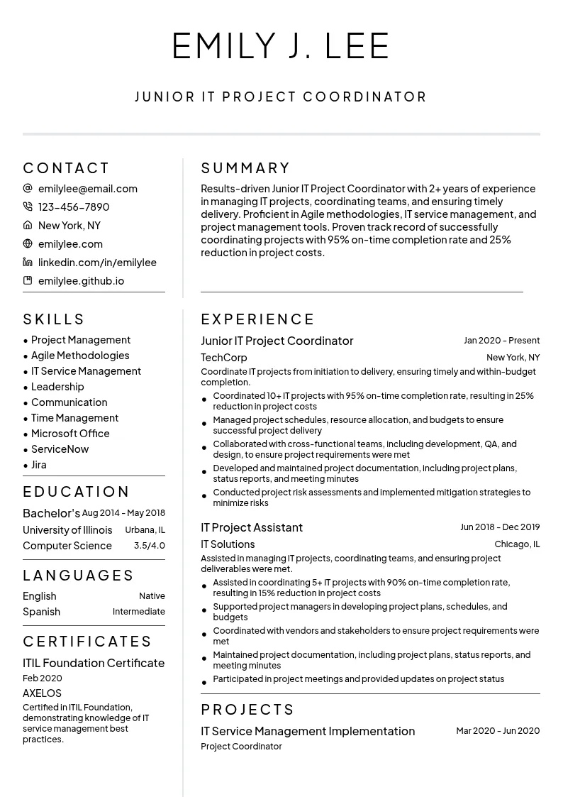 Junior IT Project Coordinator resume example