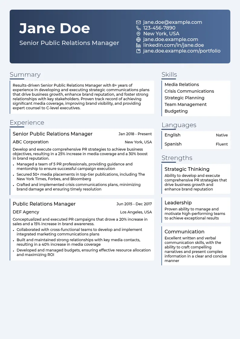 Senior Public Relations Manager resume example