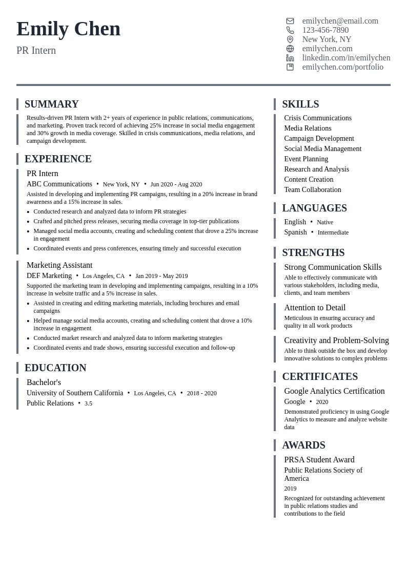 PR Intern resume example