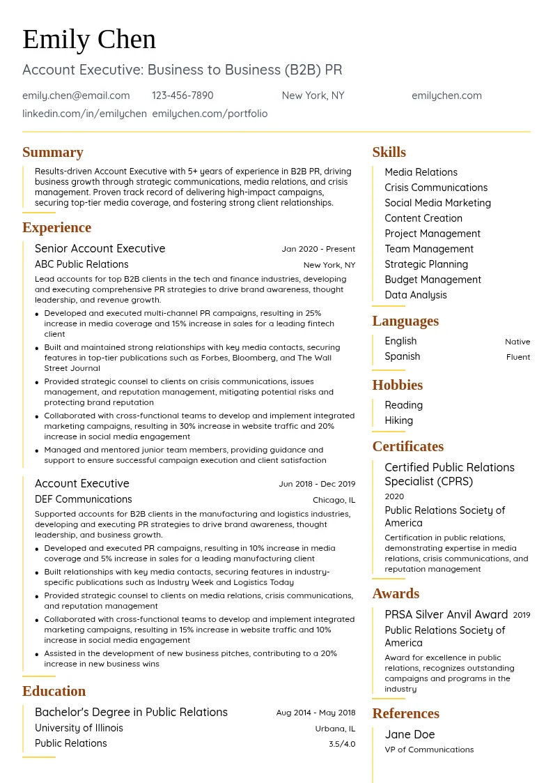 Account Executive: Business to Business (B2B) PR resume example