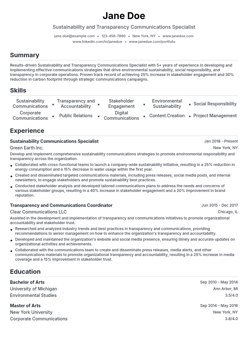 Sustainability and Transparency Communications Specialist resume example