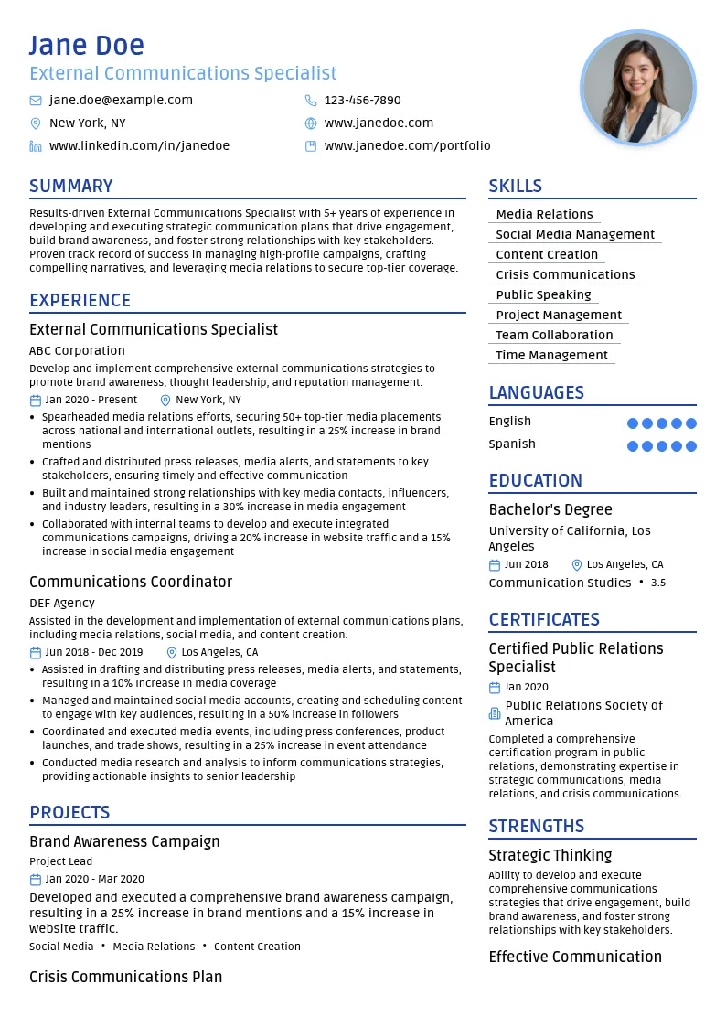 External Communications Specialist resume example