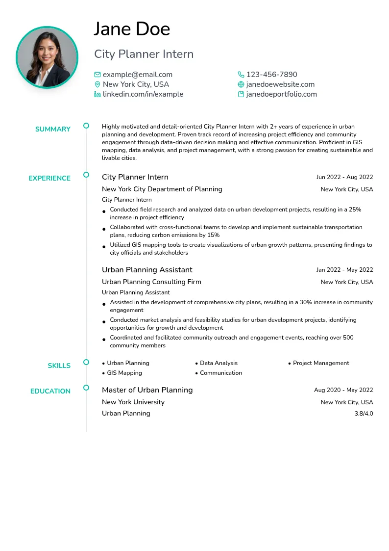 City Planner Intern resume example