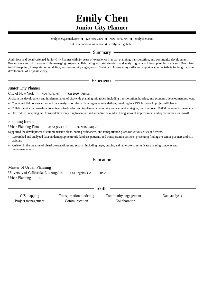 Junior City Planner resume example
