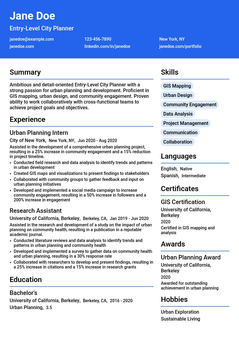 Entry-Level City Planner resume example