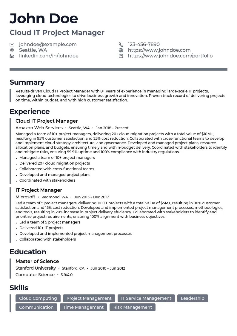 Cloud IT Project Manager resume example