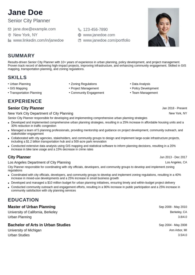 Senior City Planner resume example
