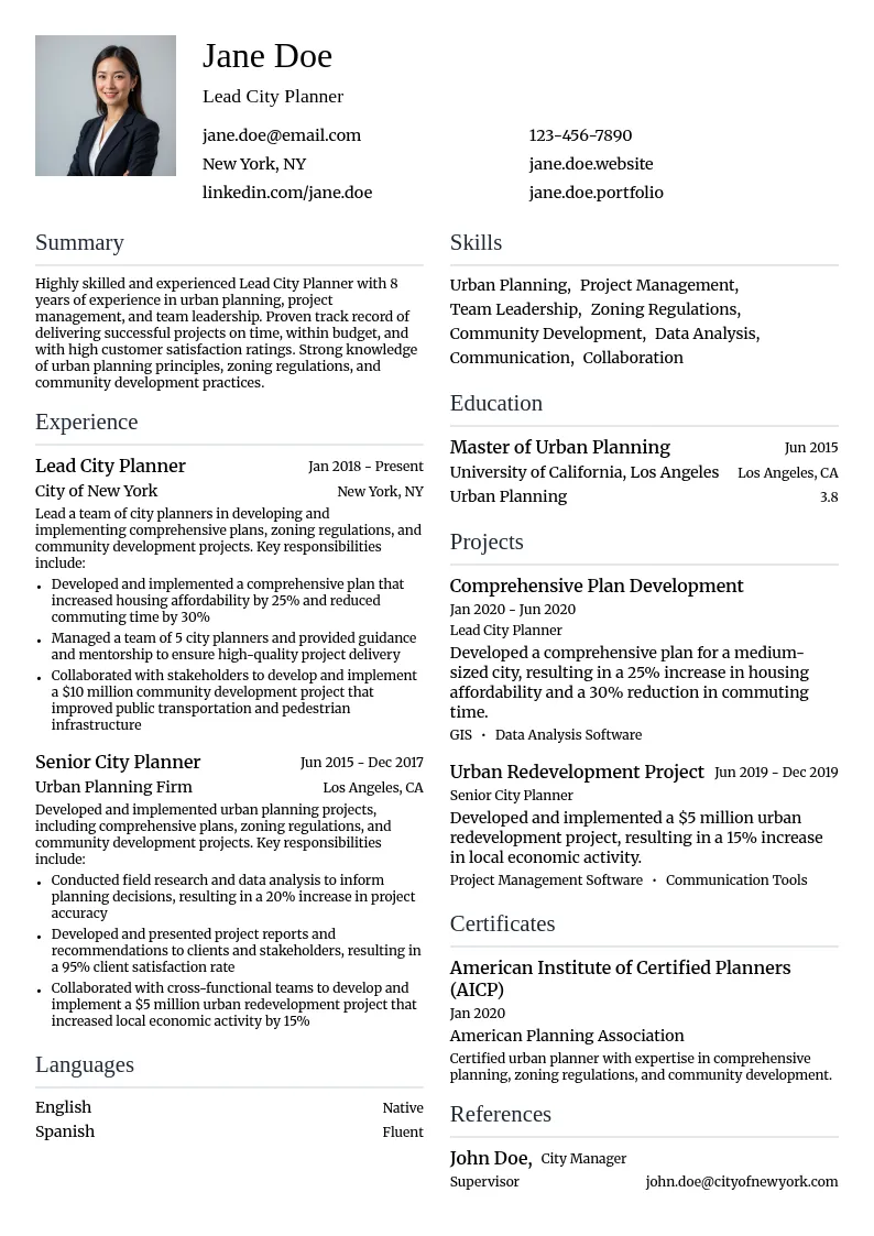 Lead City Planner resume example