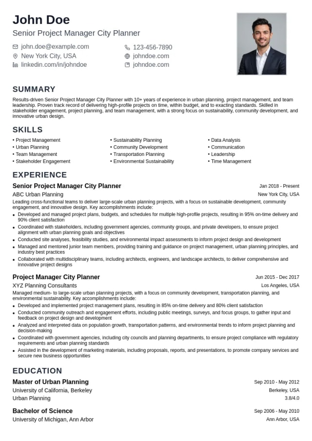 Senior Project Manager City Planner resume example