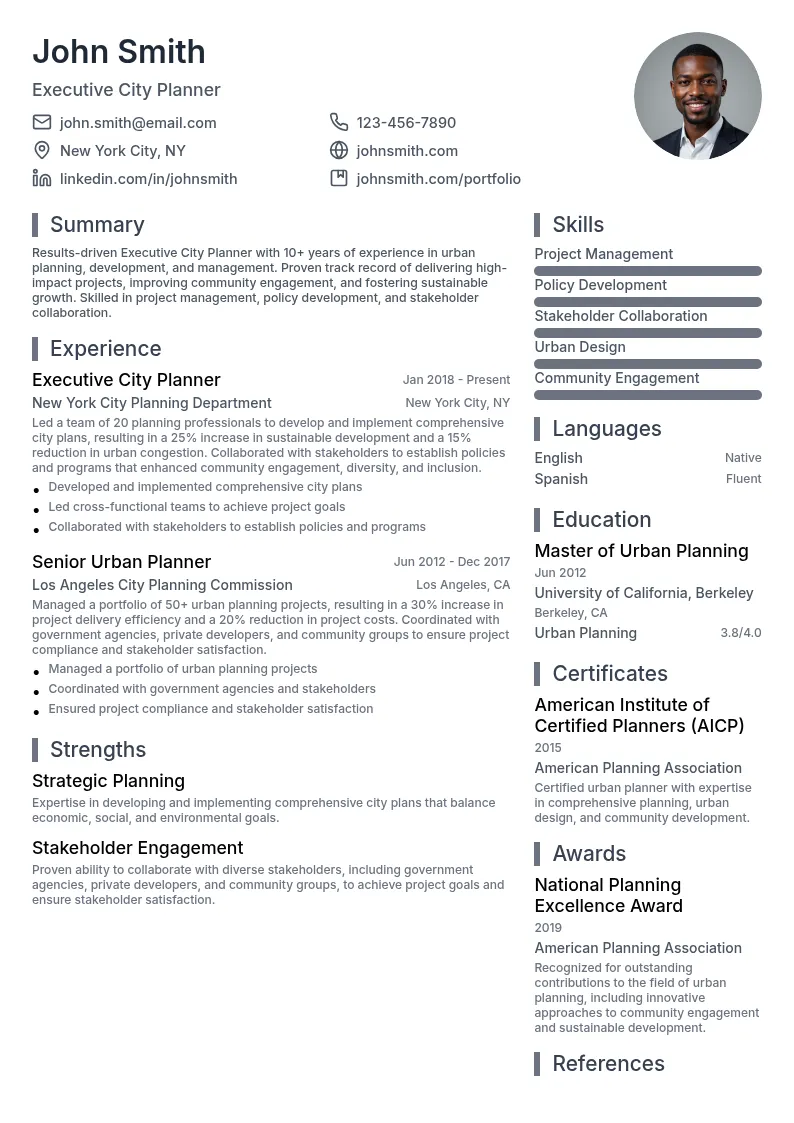 Executive City Planner resume example