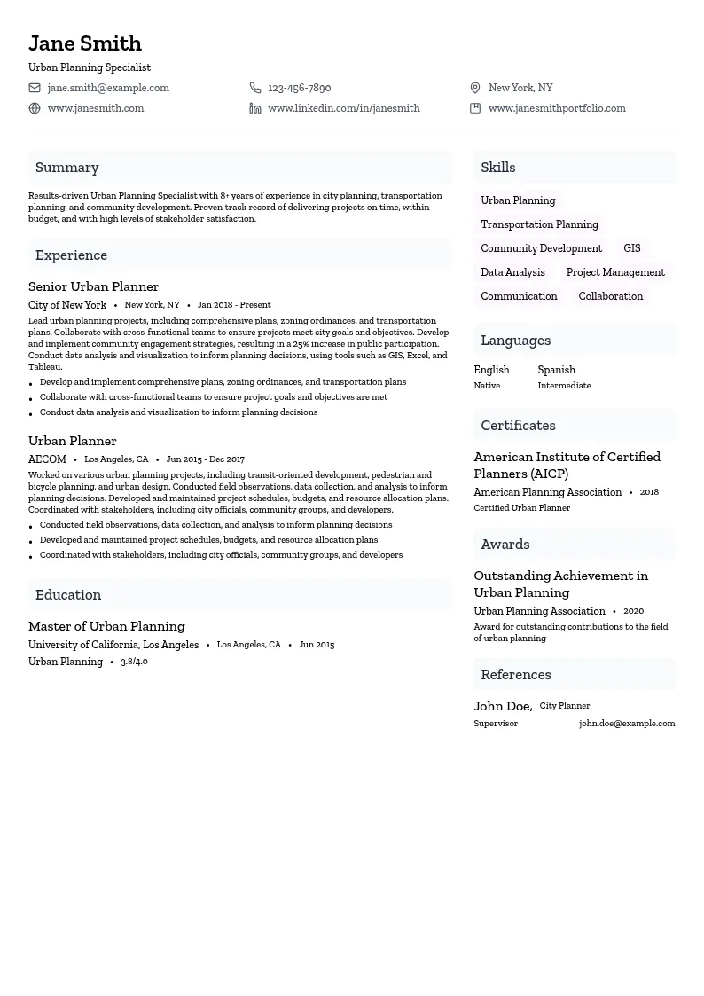 Urban Planning Specialist resume example