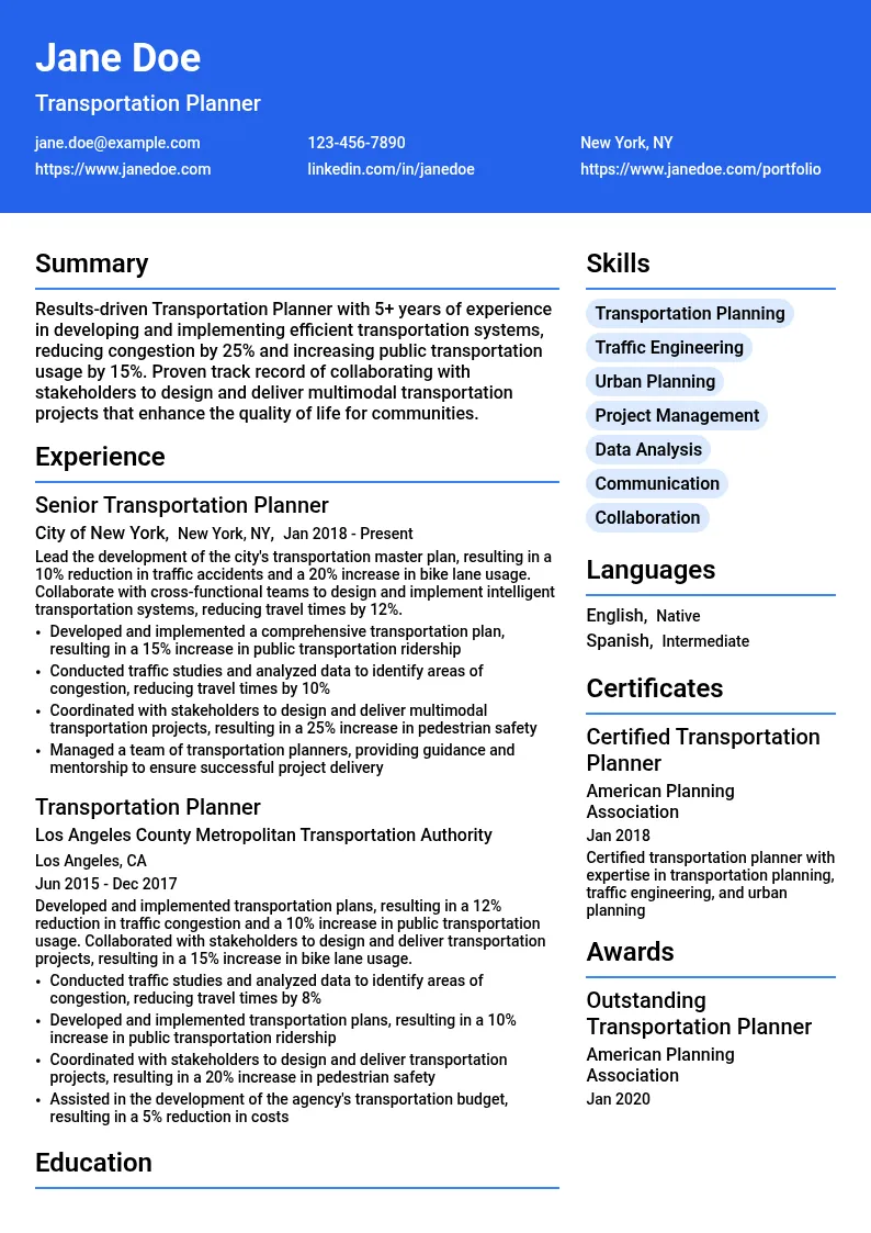 Transportation Planner resume example