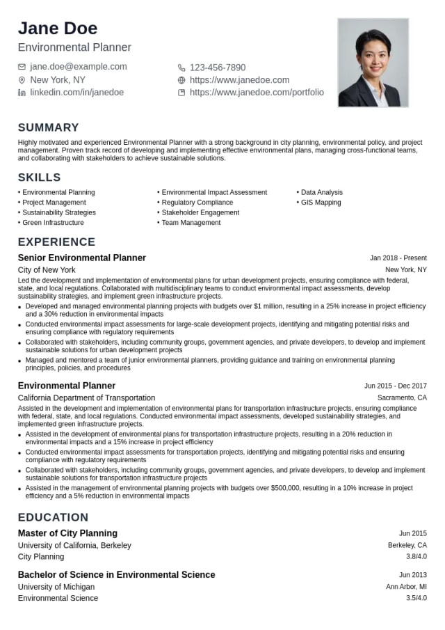Environmental Planner resume example