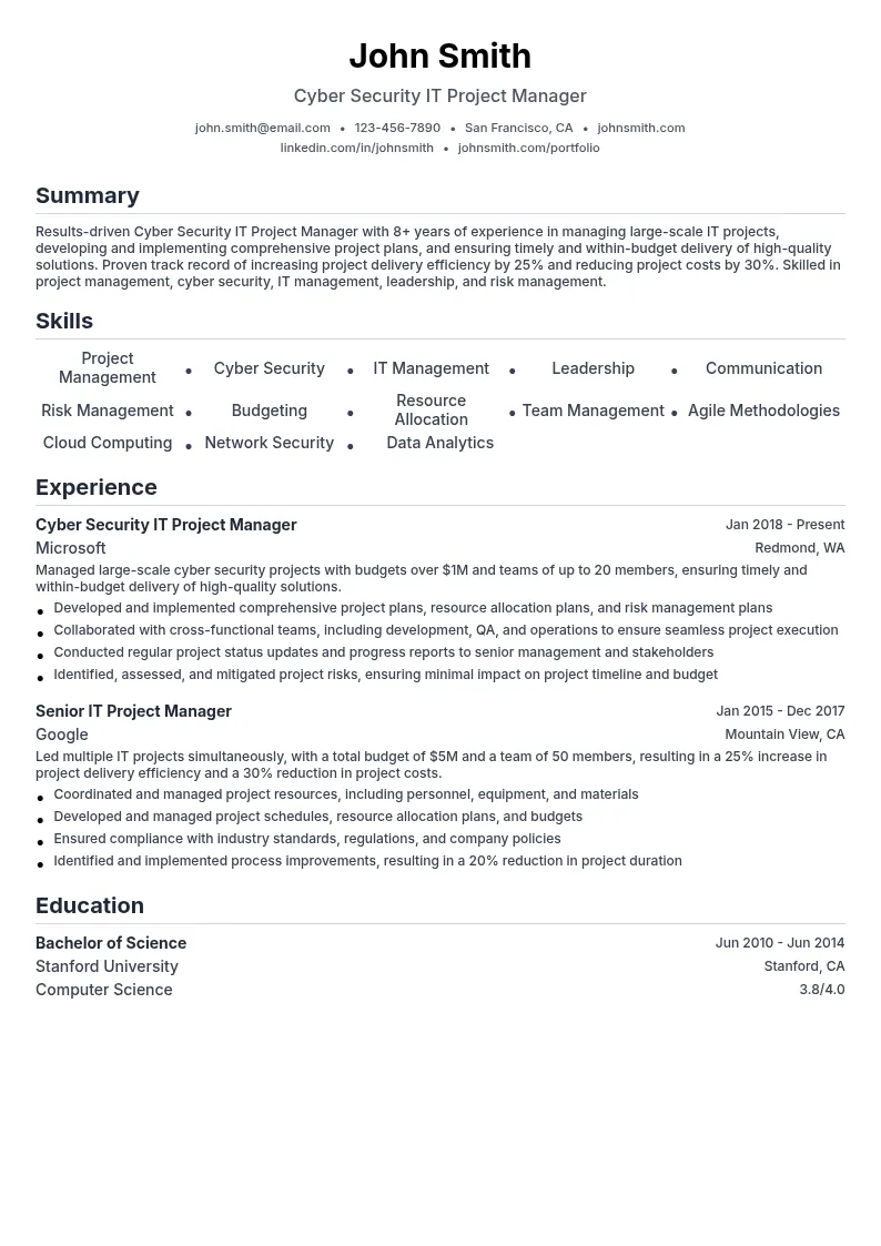 Cyber Security IT Project Manager resume example
