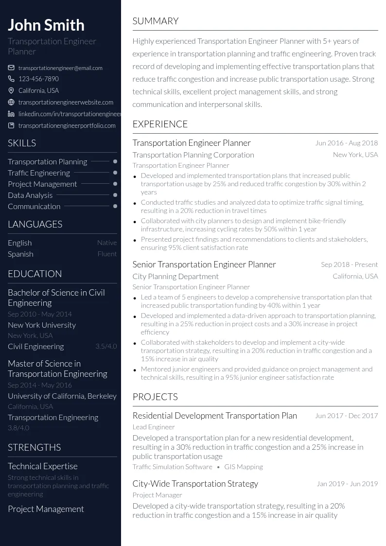 Transportation Engineer Planner resume example