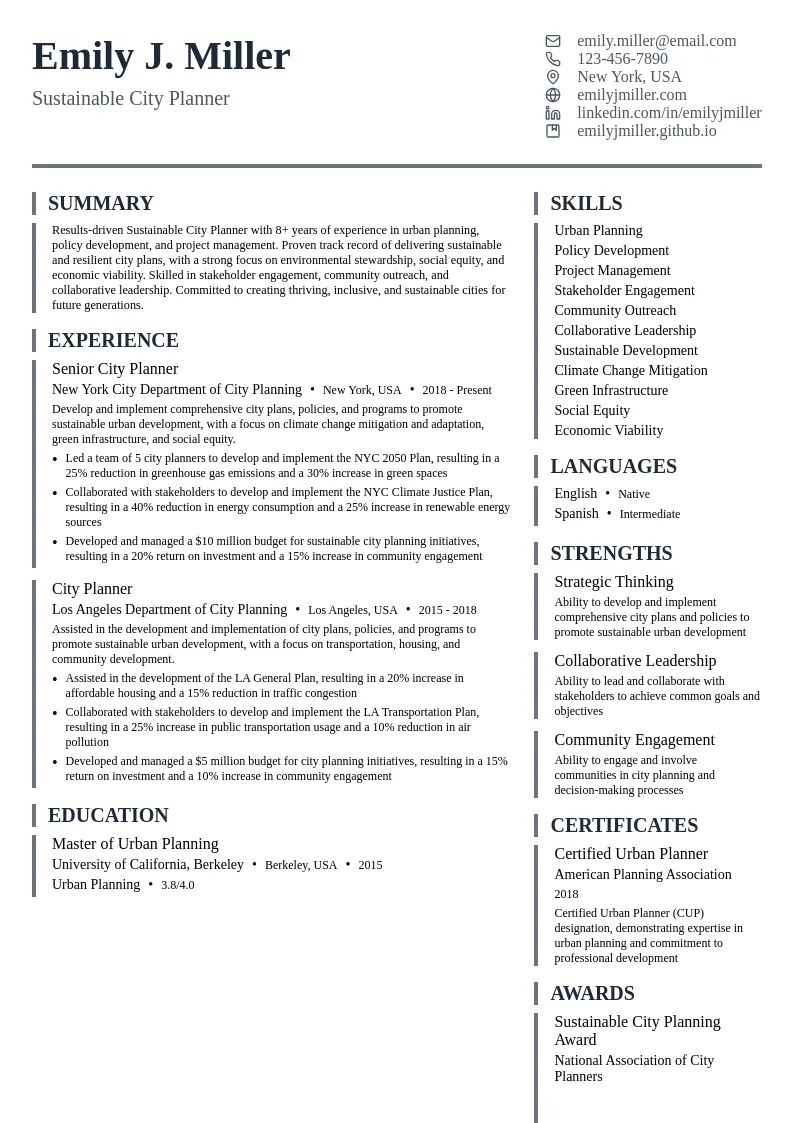 Sustainable City Planner resume example
