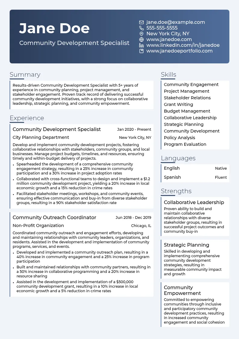 Community Development Specialist resume example