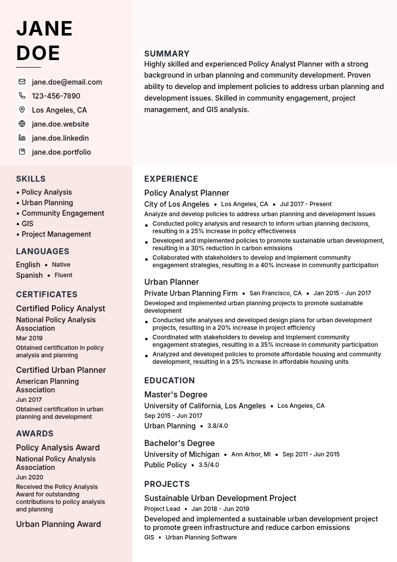 Policy Analyst Planner resume example