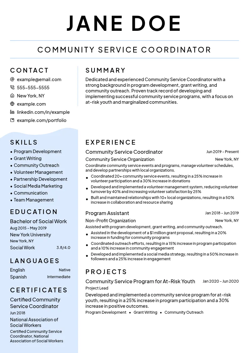 Community Service Coordinator resume example
