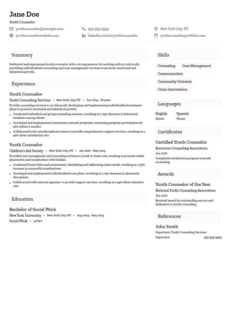 Youth Counselor resume example